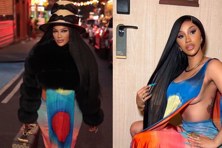 Who Wore it Better? Joseline vs. Cardi B in Marni Spring 2023 Orange Graphic Print Zig Zag Long Sleeve Knit Dress and Multicolor Runway Look