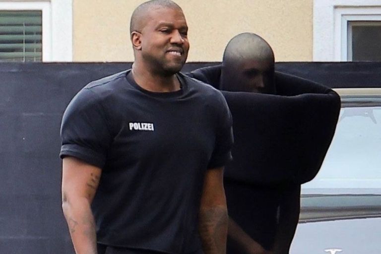 Kanye West Wore His Black Signature Vetements ‘Polizei’ Shirt and Leggings with wife Bianca Censori Who Channeled Maison Margiela