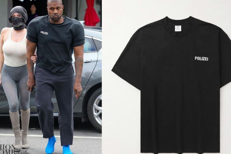 Kanye West Wore a Vetements Shirt with Shoulder Pads and Blue Sock Shoes While with Wife Bianca Censori in LA