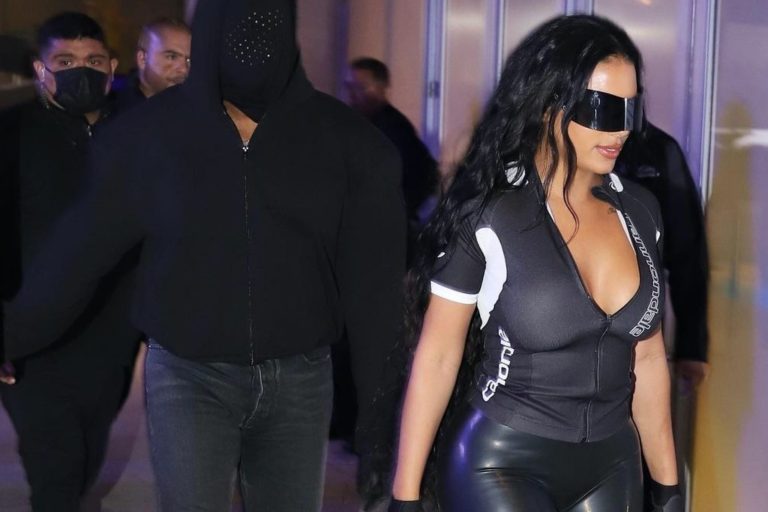 Kanye West and Chaney Jones Attend Lakers Game, with Chaney in Sweet Talk Global Shield Sunglasses and Black Cannondale Zip Top