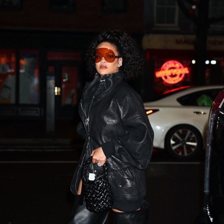 Rihanna Steps out In New York City in Bottega Veneta’s Black Kalimero Bucket Bag