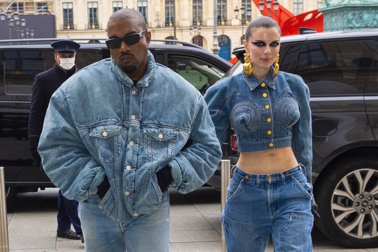 Kanye West and Girlfriend Julia Fox attend Kenzo Spring 2022 Show, With Kanye in All Denim Balenciaga and Julia in Schiaparelli