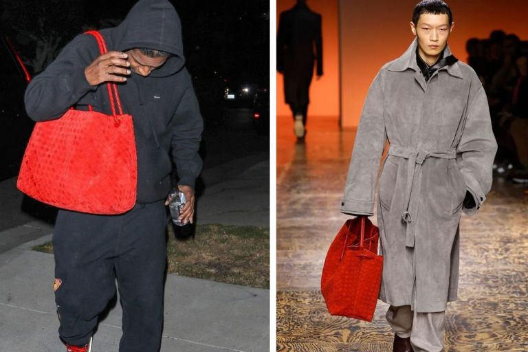 Fashion Bomb Mens: A$AP Rocky Stepped Out Wearing a New Bottega Winter ’24 Large Intrecciato Andiamo Bag