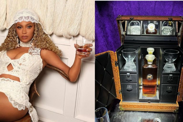 Beyoncé Launched Her New Whiskey Label Sir Davis in a White Custom Les Fleur Studio Crochet Dress and Brother Vellies Sandals