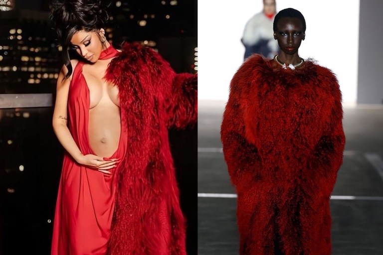 Cardi B Announces 3rd Pregnancy Wearing Red Fall 2024 Prabal Gurung Fur Coat and Gown!