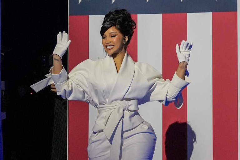 Cardi B Speaks at Kamala Harris Rally in Milwaukee Wearing a White Kristina Fidelskaya Suit and Christian Louboutin Pumps