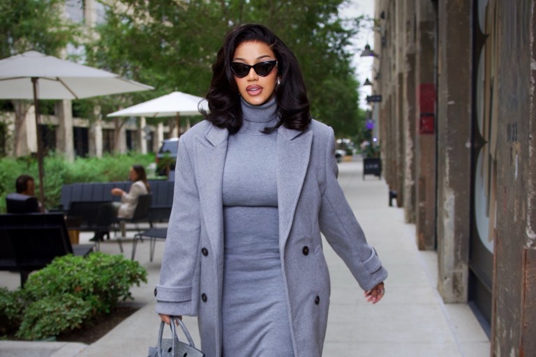 Cardi B Takes Meetings in a Helsa Studio Gray Wool Coat and Knit Turtleneck Dress