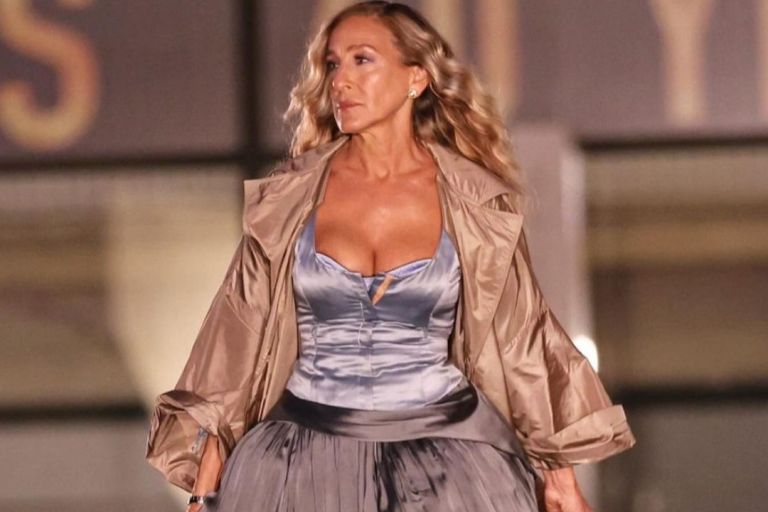 Carrie Bradshaw wore an Archival Vivienne Westwood Look with a Taller Marmo Coat and Aquazzura Heels on the Set of “And Just Like That…”