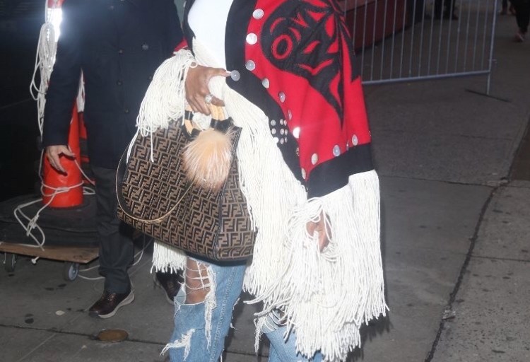 Get NeNe Leakes Bomb Distressed Jeans, Available Now on Fashion Bomb Daily Shop, Paired with a Bright Red, White & Blue Kimono and Black YSL Heels