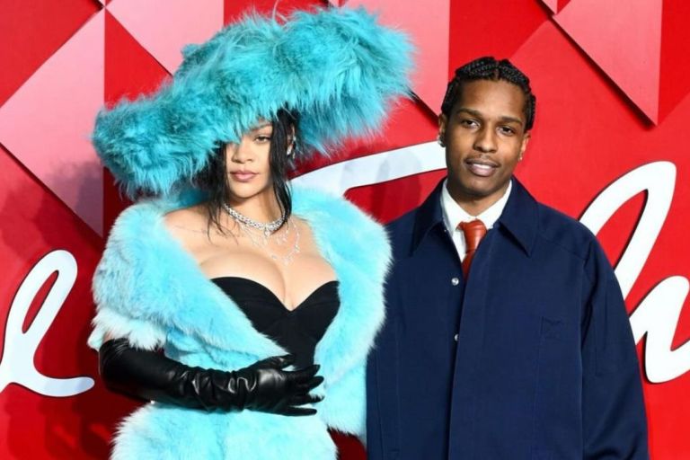 Fashion Bomb Couple: Rihanna Attended the 2024 Fashion Awards with A$AP Rocky in a Turquoise Christian Lacroix FW02 Look with YSL Heels, and a Tyler Ellis Clutch