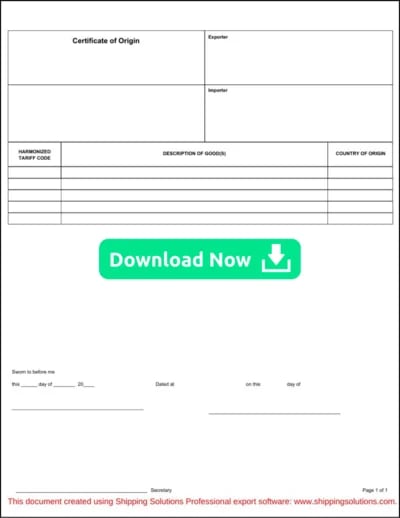 Generic Certificate of Origin Download Now