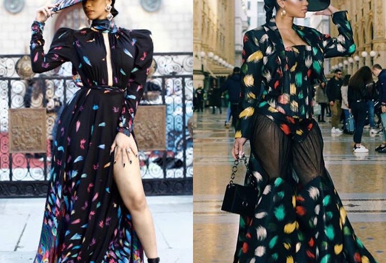 Who Wore It Better? Cardi B in a Michael Costello Multicolored Feather Printed dress vs Saweetie in a Harry Halim Multicolored Feather Printed Ensemble