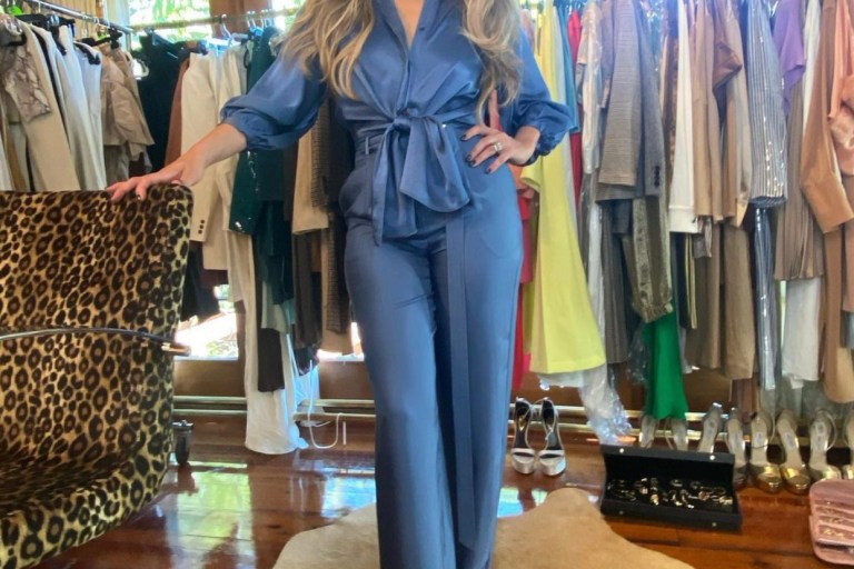 Jennifer Lopez Gave Us the Blues in a LaPointe Blue Satin Tie Blouse and Wide-Leg Pants With Jimmy Choo ‘Kayden’ Patent Nude Platforms