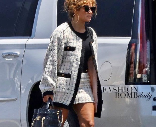 Jennifer Lopez JLO Steps Out in a $4,500 Gucci Oversized Tweed Bomber Jacket, $1,500 Matching Skirt, and White Gucci Platform Boots