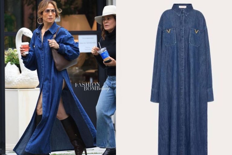 Jennifer Lopez Wore a Denim Valentino Maxi Dress with a Gucci Handbag in Los Angeles