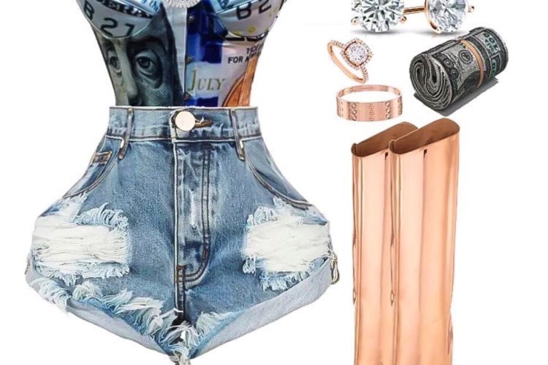 Outfit Inspiration: Money Print Corset by Hawt Topic, Denim Shorts by One Teaspoon and Metallic Boots by Alexandre Vauthier