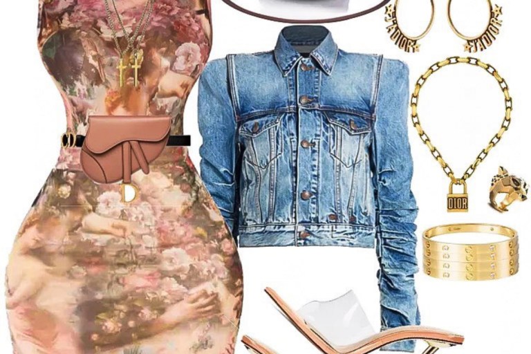 Outfit Inspiration: Pretty Little Thing Renaissance Skirt and Top, R-13 Denim Jacket and D’stree Two-Tone Fedora
