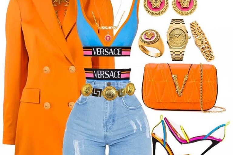 Outfit Inspiration: Versace Orange Blazer, Pretty Little Thing Denim Shorts and Jessica Rich Neon Shoes