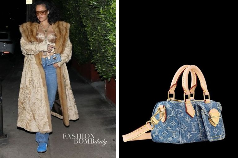Rihanna Grabbed Dinner in a Vintage Coat, Gold Corset, Blue Jeans and a Louis Vuitton Nano Speedy Bag