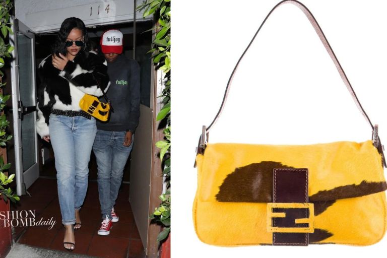 Rihanna Grabbed Dinner in Los Angeles in a Black and White Alexander Wang NY Fur Jacket and Belt with a Yellow Fendi Pony Hair Handbag