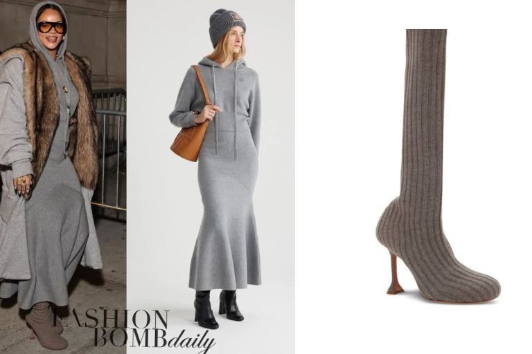 Rihanna Stepped Out in a Grey Patou Look with a Loewe Jacket, Bottega Veneta Sunglasses and Amina Muaddi Knit Boots