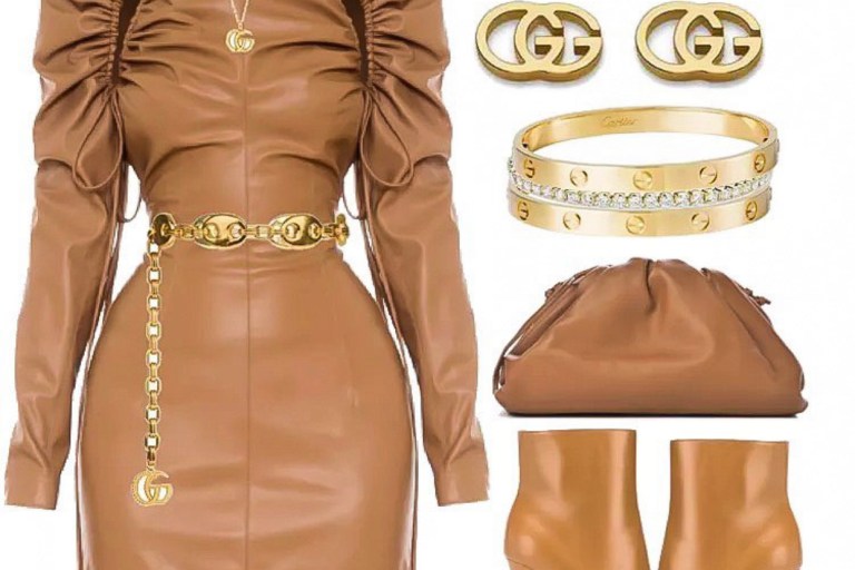 Style Inspiration: How to Rock a Leather Look by @StyledByJovon_ Featuring Aleksandre Akhalkatsishvili Ruched Faux Leather Dress, Bottega Veneta Mini Camel Pouch, Le Specs Outta Love Tan Sunglasses, Gold Gucci Accessories, and Cartier Love Bracelets