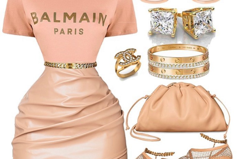 Style Inspiration: How to Rock Nude Colors by @StyledByJovon Featuring Balmain Logo T-Shirt, Bottega Veneta Mini Pouch Bag and Mesh Sandals, Celine ‘Tilda’ Sunglasses, Cartier Love Bracelets, and Chanel Accessories!