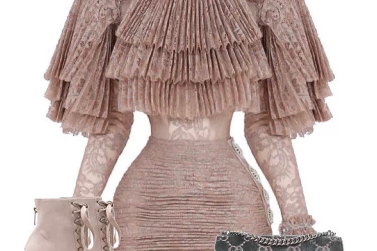 Style Inspiration: Modern Regality by @StyledByJovon_ Featuring Raisa Vanessa Ruffle Lace Mini Dress, Gucci Monogram Velvet Dionysus Bag, Swarovski Stud Earrings, and Zimmermann Lace-Up Suede Booties