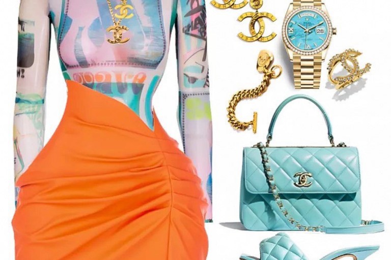 Style Inspiration: What to Wear Poolside by @StyledByJovon Including Bottega Veneta Quilted Mules and a Maisie Wilen Orange Skirt