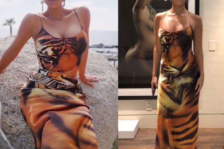 Who Wore it Better? Kim vs. Kourtney Kardashian in Roberto Cavalli’s Tiger King Print Vintage Dress + Shop These Tiger Inspired Pieces!
