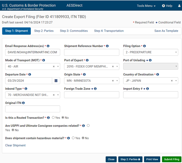 AES_ACE_Portal_Create_Export_Filing_Tab1