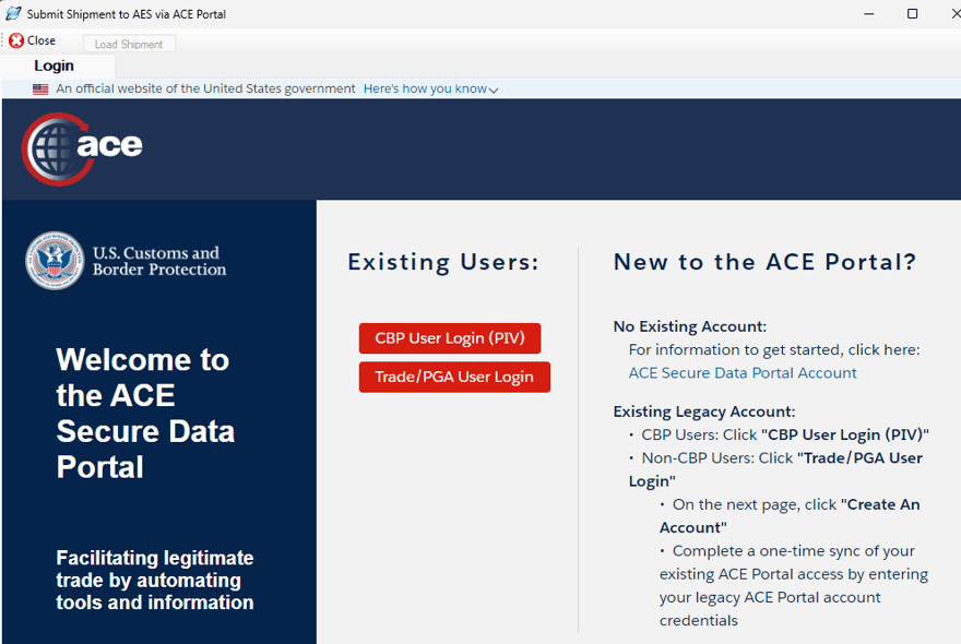 ACE Portal Login Screen