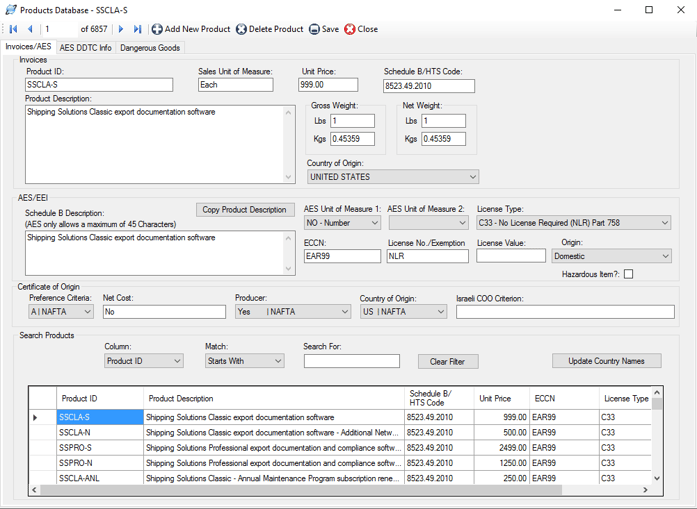The Shipping Solutions export software's Product Database screen The Shipping Solutions export software's Product Database screen
