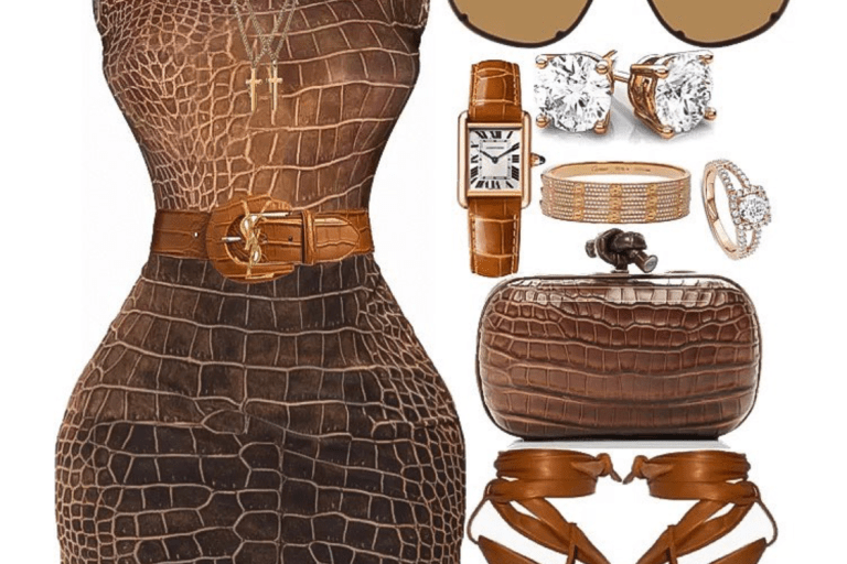 Outfit Inspiration: Croc Print Top and Skirt from Pretty Little Thing, Brown Sandals from Manolo Blahnik and Sunglasses by Rick Owens