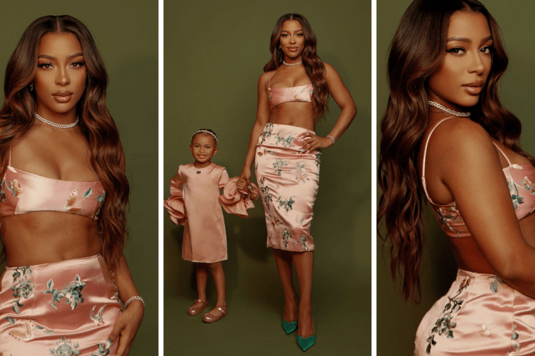 Victoria Monet Wore a Floral Set by Kim Shui Studio During a Photoshoot with Her Daughter